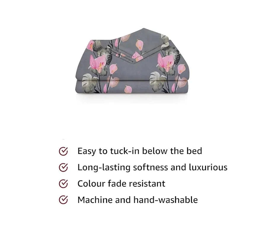 BSB HOME 220 Tc Premium Forever Modern Style Glace Cotton Floral Luxurious Beautiful Soft Comfort Designer Floral Pattern 1 Single Size Bed Bedsheet and 1 Pillow Cover-Grey & Pink Flower
