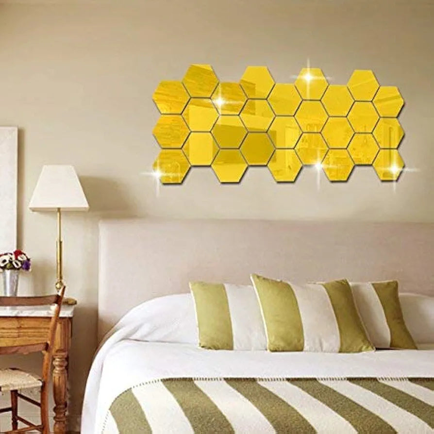 Bikri Kendra Glass - 20 Hexagon With 20 Butterfly Golden Wall Stickers 3D Acrylic Stickers Mirror Stickers, Set Of 20 