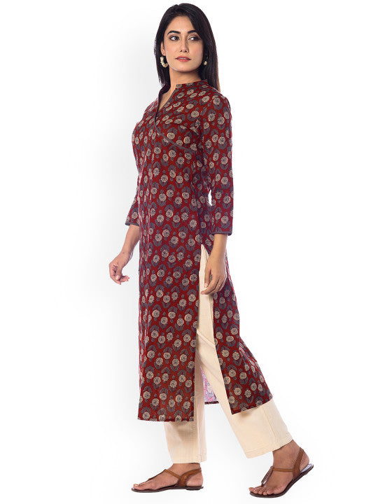 anayna Women Maroon & Beige Printed Straight Kurta