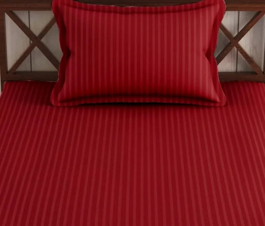 Trance Home Linen 100% Cotton 78x36 inch Single Fitted 200TC Satin Stripe Elastic Fitted Bedsheet | Single Bed Size Daily use Fitted Bedspread with 1 Pillow Covers 