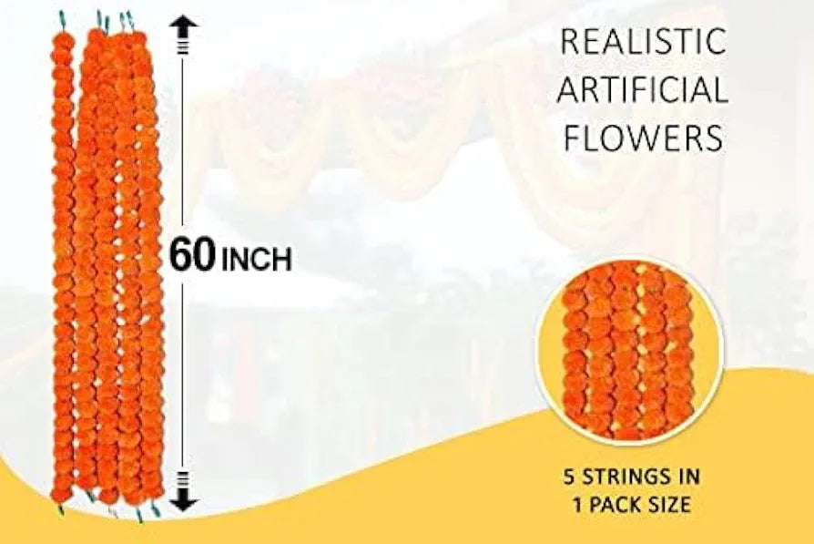 HOME BUY Artificial Marigold Flowers for Decoration Garland for Diwali & Festivals | 5 Feet Long 5 Pcs 