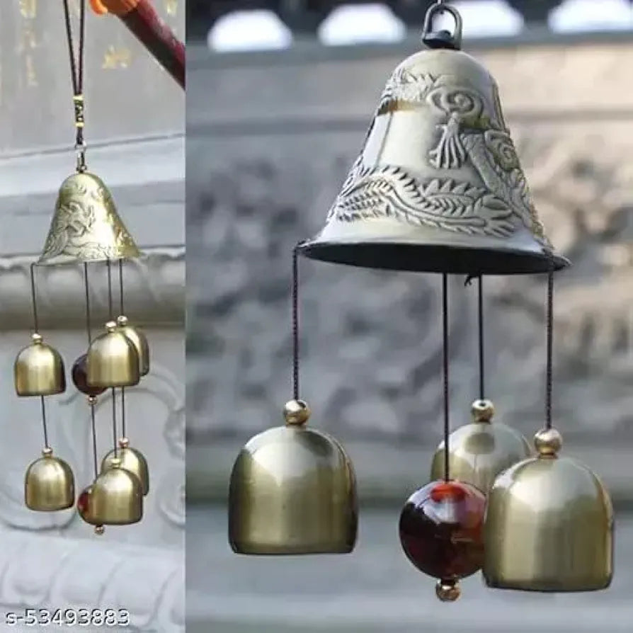 Qwick Click Metal and Wooden Dragon 6 Bell Wind Chime for Home Positivity Hangings Good Luck