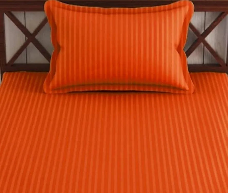 Trance Home Linen 100% Cotton 78x36 inch Single Fitted 200TC Satin Stripe Elastic Fitted Bedsheet | Single Bed Size Daily use Fitted Bedspread with 1 Pillow Covers 