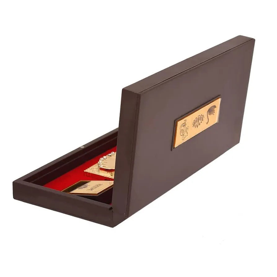 JAIPUR ACE Gold Plated Laxmi Ganesh Saraswati Charan Paduka Yantra | Devotional Prayer Box | Wooden Momento Decorative Showpiece Box Packing | Diwali Gifting Charan Paduka