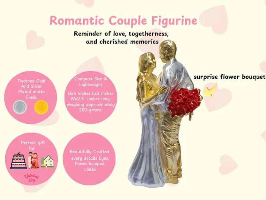 Gold Art India Couple Figurine Gold-Silver Plated Matte Finish | Romantic Home & Office Décor | Valentine Gift for Girlfriend & Boy Friend | Anniversary, Wedding Gift