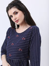 Vishudh Navy Blue Striped Cotton Fit & Flare Midi Dress