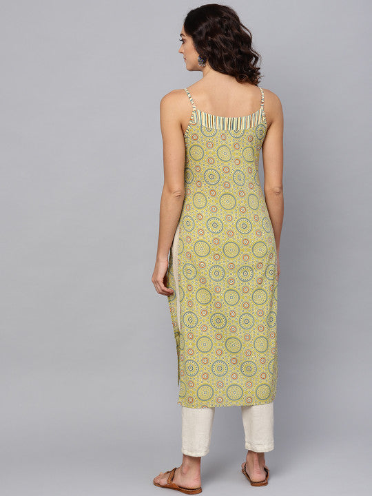 Women Green & Off-White Printed Straight Kurta