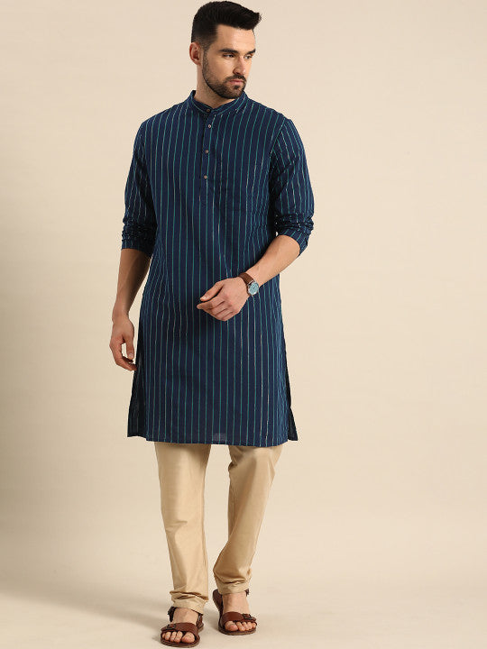 Anouk Men Navy Blue Striped Cotton Kurta