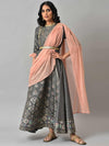 Aurelia Gunmetal-Toned & Peach-Coloured Ethnic Motifs Ethnic Maxi Ethnic Dress with Shawl