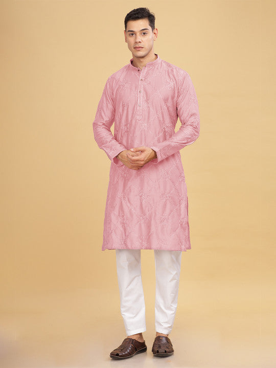 Anouk Pink Ethnic Motif Embroidered Band Collar Cotton Straight Kurta