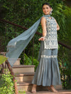 Juniper Women Grey Ethnic Motifs Embroidered Sequinned Kurta with Sharara & Dupatta