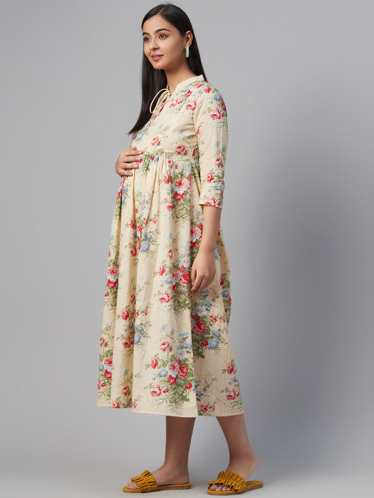 Women Beige & Pink Floral Print Maternity A-Line Dress