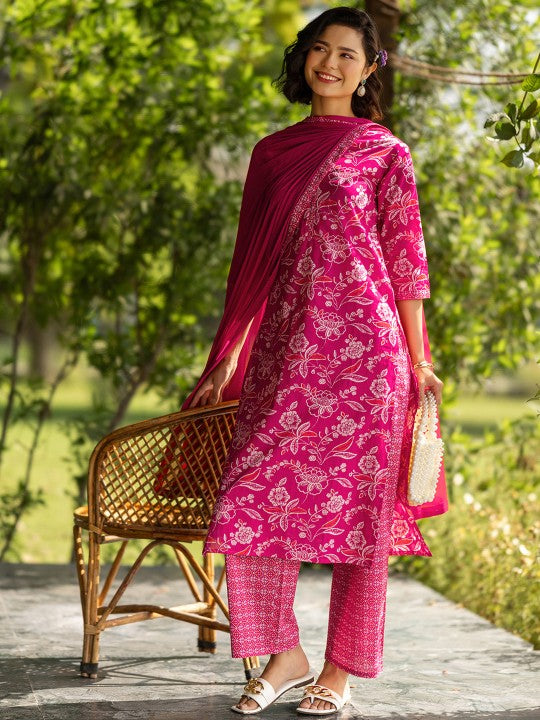 Libas Floral Printed Round Neck Pure Cotton Straight Kurta With Palazzos & Dupatta
