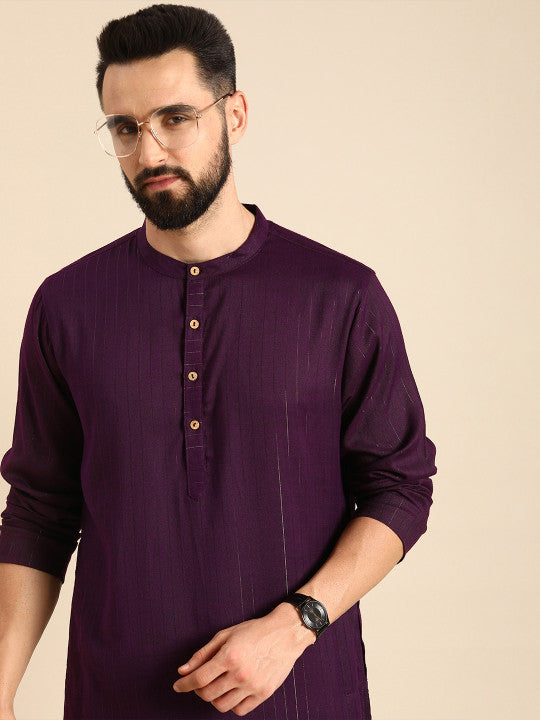 Anouk Men Purple Self-Striped Kurta