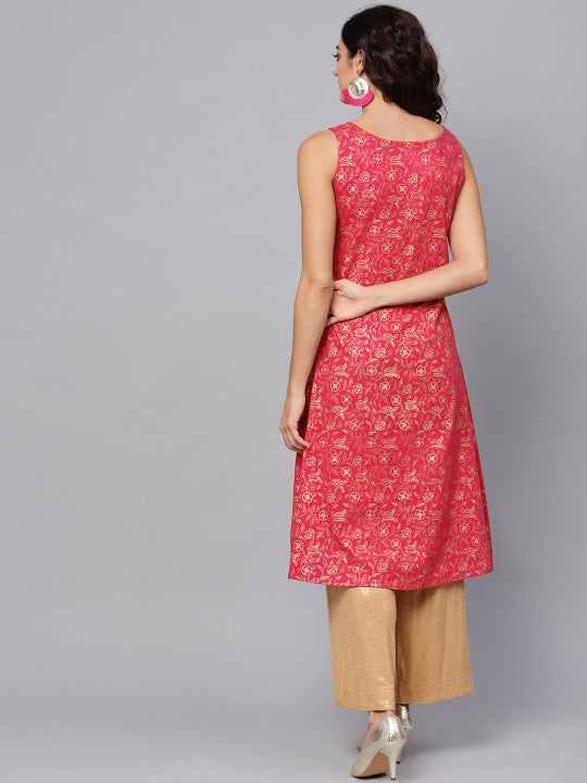 anayna Women Pink & Golden Printed A-Line Kurta