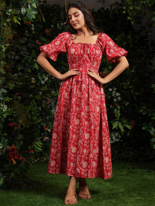 anayna Floral Printed Cotton Tie-Ups Detail Maxi Ethnic Dress