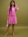 Vishudh Pink Self Design Mandarin Collar Puff Sleeves Smocked A-Line Dress