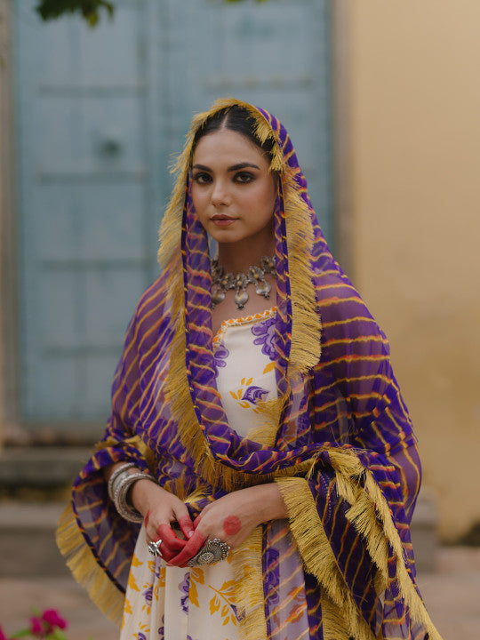 anayna Women Floral Printed Pleated Gotta Patti Kurta with Trousers & With Dupatta