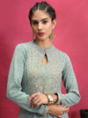 Vishudh Sea Green Floral Embroidered Mandarin Collar Kurta