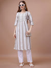 House of Pataudi White Striped Printed Round Neck Cotton Straight Kurta