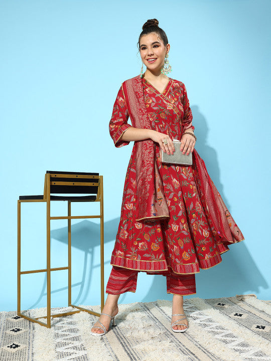 Libas Womens Red Printed Anarkali Kurta With Trousers & Dupatta