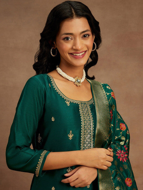 Floral Embroidered Thread Work Kurta With Trousers & Dupatta