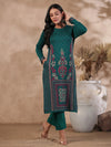 ISHIN Women's Green Jacquard Style Ethnic Motifs Straight Winterwear Kurta