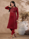 ISHIN Women's Maroon Jacquard Style Geometric Pattern Straight Winterwear Kurta