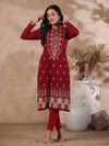 ISHIN Women's Maroon Jacquard Style Ethnic Motifs Straight Winterwear Kurta