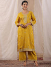 ISHIN Women's Mustard Zari Work Ethnic Motifs Poly Silk Straight Kurta