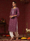 ISHIN Women's Bandhani Mirror Work Purple Round Neck Straight Kurta