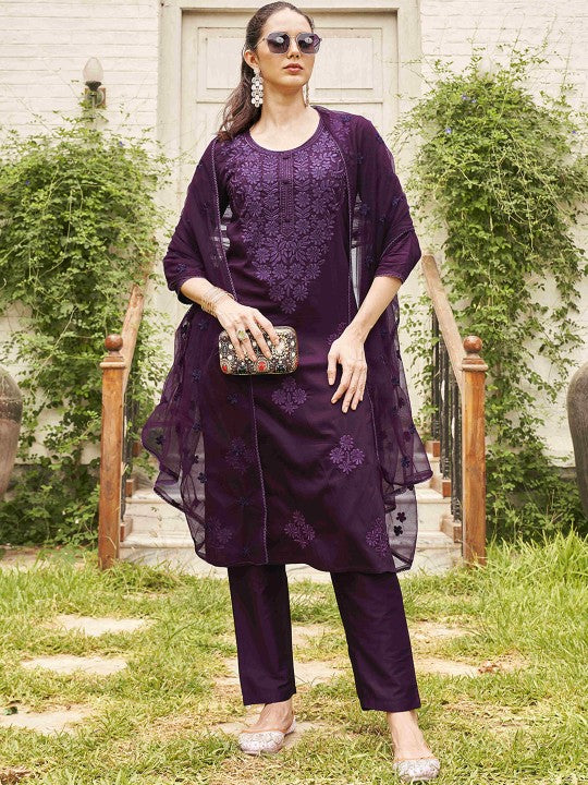 Tikhi Imli Floral Yoke Design Thread Work Straight Kurta with Trousers & Dupatta