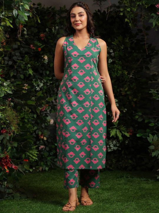 anayna Floral Printed V-Neck Straight Pure Cotton Kurta With Trousers