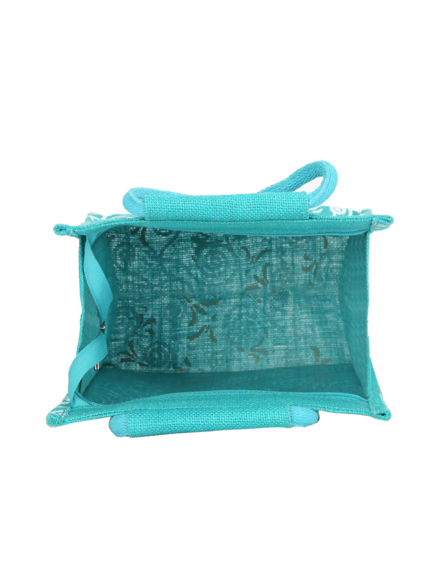 JUTE COTTAGE ALL OVER NEW PRINT 2 COLOUR ZIPPER LUNCH BAG, SUSTAINABLE, ECO-FRIENDLY, 100% GENUINE, STYLISH JUTE BAG (TURQUOISE BLUE 10X10X6)