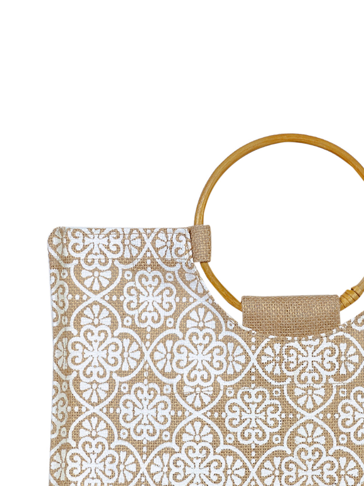 JUTE COTTAGE MUGHAL PRINT LUNCH BAG,  CANE HANDLE, SUSTAINABLE, ECO-FRIENDLY, 100% GENUINE, STYLISH JUTE BAG (NATURAL 11X14X8)