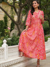 Scakhi Pink Paisley Printed Sequinned Fit & Flared Cotton Maxi Ethnic Dress