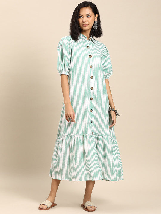Anayna Striped Puff Sleeve A-Line Cotton Midi Dress - Swadesii Anayna Striped Puff Sleeve A-Line Cotton Midi Dress - Swadesii