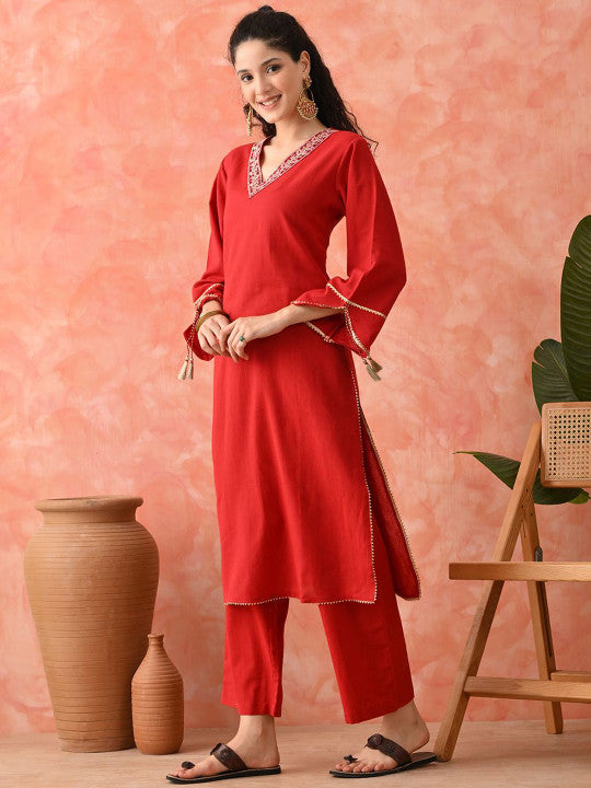 Women Floral Embroidered Cotton Kurta with Palazzo