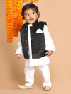 Vastramay Sishu Boys White Cotton Blend Kurta Pyjama & Polka Dot Printed Nehru Jacket