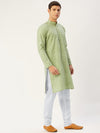 Jompers Men Green & White Embroidered Mirror Work Pure Cotton Kurta with Churidar