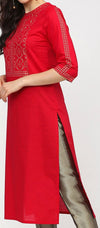 Vishudh Women Red Ethnic Motifs Printed Keyhole Neck Thread Work Kurta