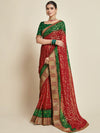 Sangria Red & Green Woven Design Zari Poly Georgette Bandhani Saree