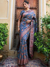 Janasya Grey & Red Floral Woven Design Zari Banarasi Saree