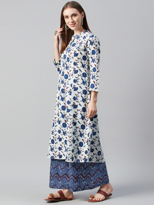 Women White & Navy Blue Printed Kurta with Palazzos