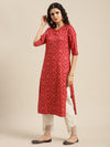 KSUT Women Red and White Bandhej Printed Straight Kurta