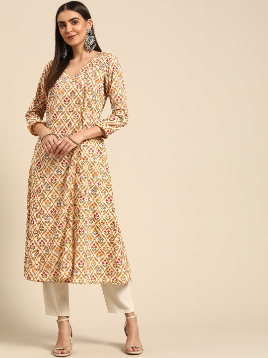 anayna Women White & Beige Pure Cotton Ethnic Motifs Printed Angrakha Kurta
