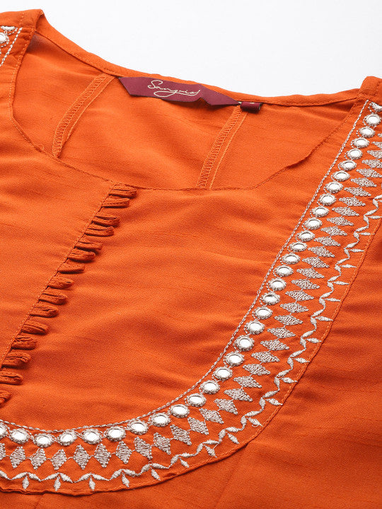 Sangria Ethnic Motifs Embroidered Mirror Work Silk Crepe Kurta with Trousers & Dupatta