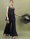 Vishudh Women Navy Blue Ethnic Motifs Embroidered Empire Kurti with Palazzos & With Dupatta