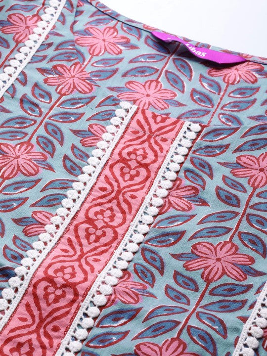 Libas Women Blue & Pink Floral Motifs Printed Kurta