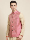 Sojanya Men Pink and Beige Woven Design Jacquard Silk Nehru Jacket